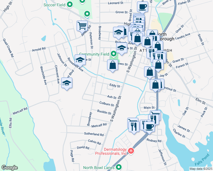map of restaurants, bars, coffee shops, grocery stores, and more near 54 Eddy Street in North Attleborough