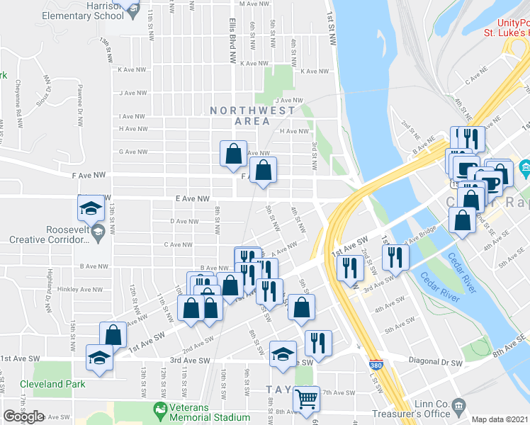 map of restaurants, bars, coffee shops, grocery stores, and more near 503 C Avenue Northwest in Cedar Rapids