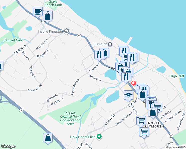 map of restaurants, bars, coffee shops, grocery stores, and more near 47 Spooner Street in Plymouth