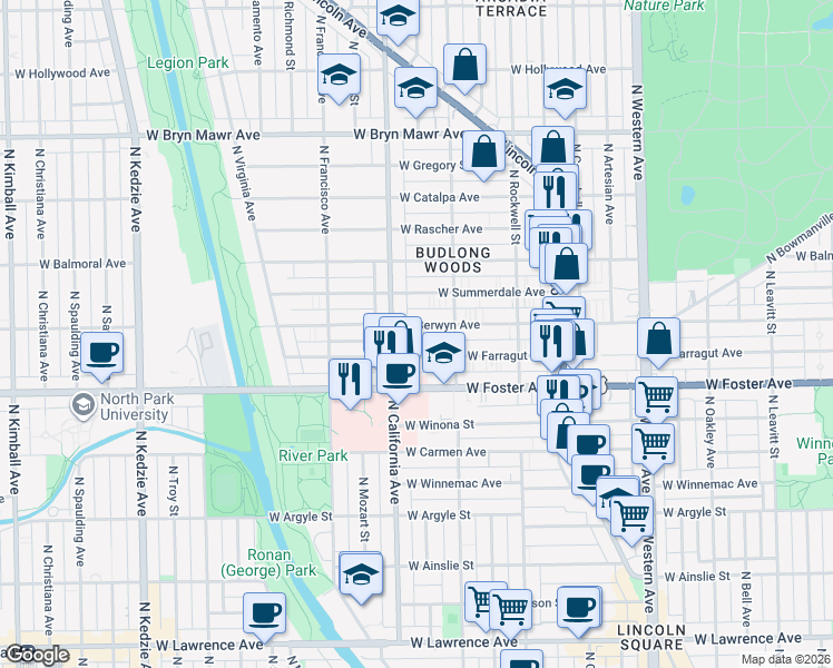 map of restaurants, bars, coffee shops, grocery stores, and more near 2723 West Berwyn Avenue in Chicago