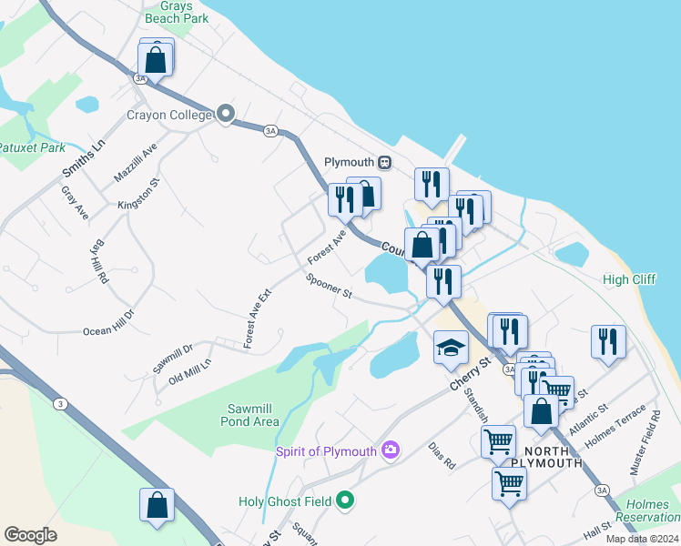 map of restaurants, bars, coffee shops, grocery stores, and more near 22 Forest Avenue Court in Plymouth