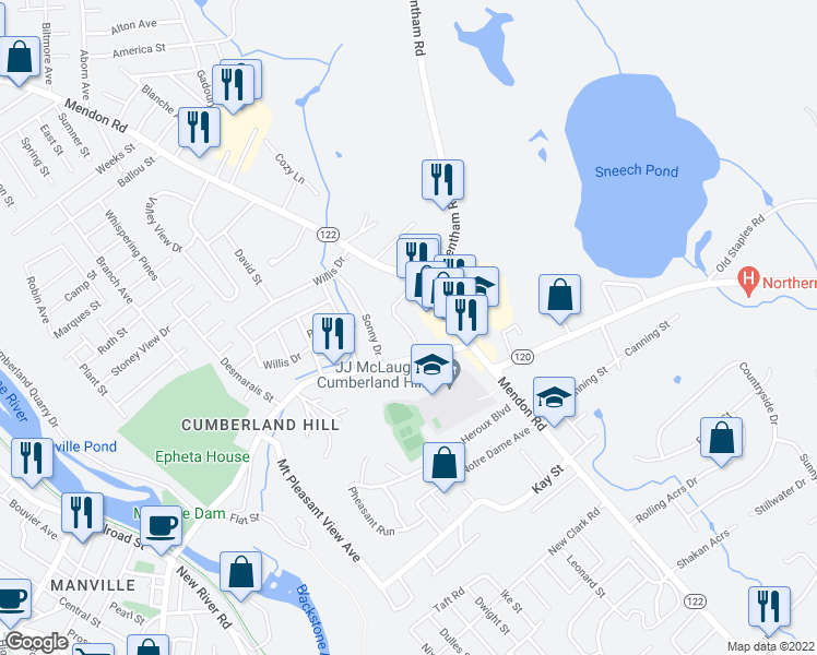 map of restaurants, bars, coffee shops, grocery stores, and more near 200 Manville Hill Road in Cumberland
