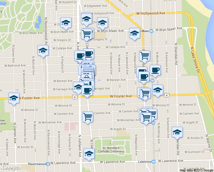 map of restaurants, bars, coffee shops, grocery stores, and more near 1426 West Farragut Avenue in Chicago