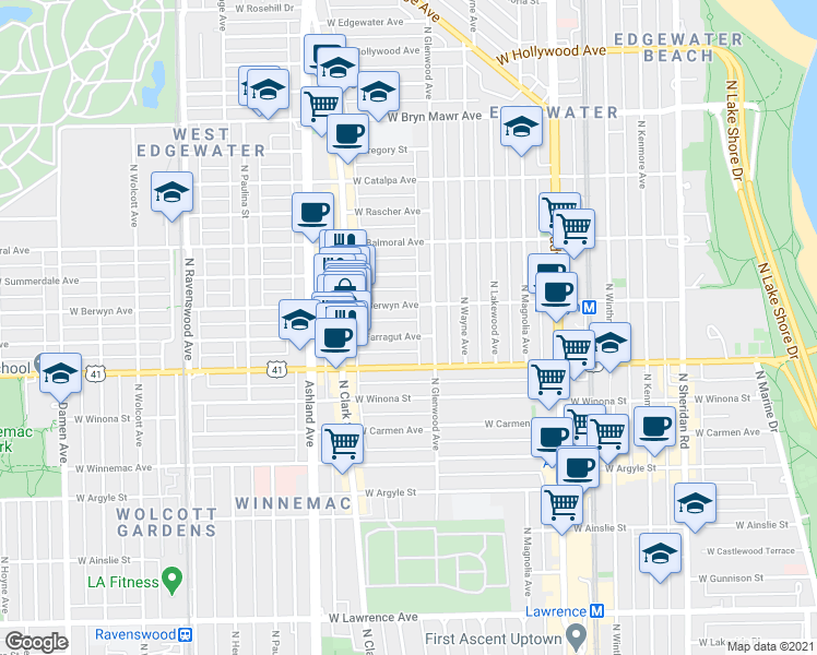 map of restaurants, bars, coffee shops, grocery stores, and more near 1426 West Farragut Avenue in Chicago