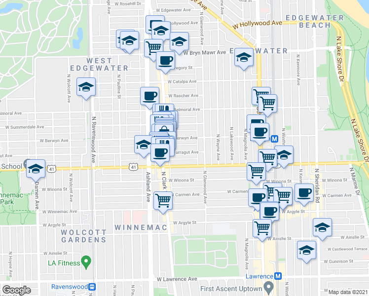 map of restaurants, bars, coffee shops, grocery stores, and more near 1426 West Farragut Avenue in Chicago