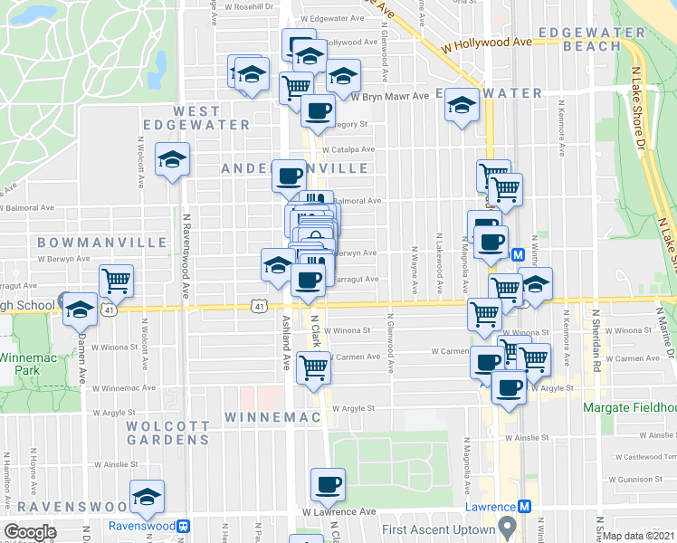 map of restaurants, bars, coffee shops, grocery stores, and more near 1470 West Farragut Avenue in Chicago