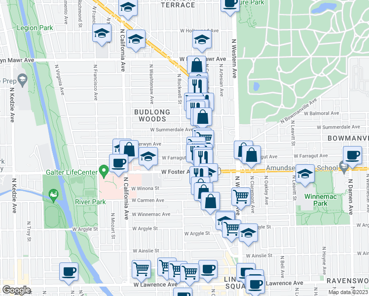 map of restaurants, bars, coffee shops, grocery stores, and more near 2605 West Berwyn Avenue in Chicago