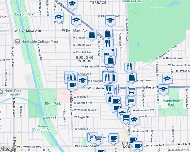 map of restaurants, bars, coffee shops, grocery stores, and more near 2605 West Berwyn Avenue in Chicago