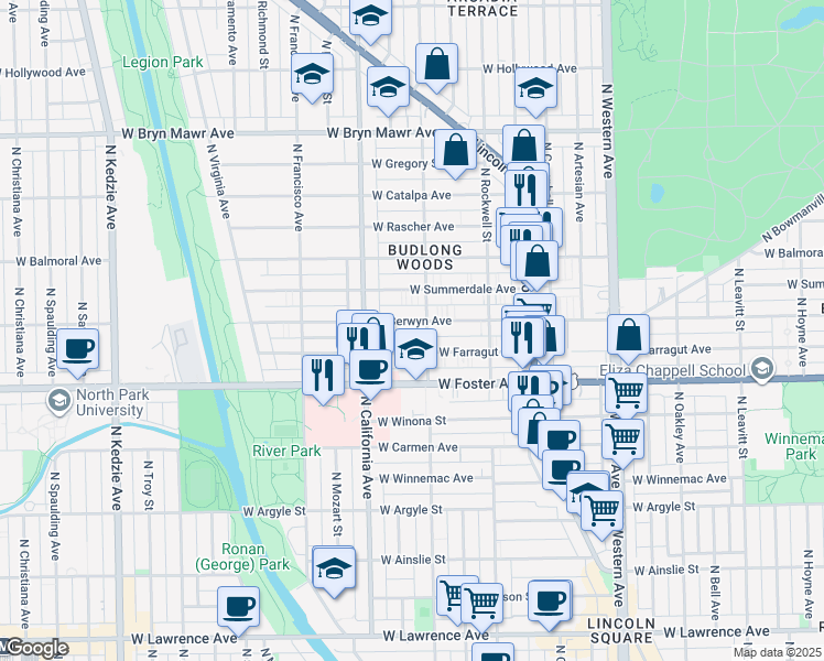 map of restaurants, bars, coffee shops, grocery stores, and more near 2723 West Berwyn Avenue in Chicago