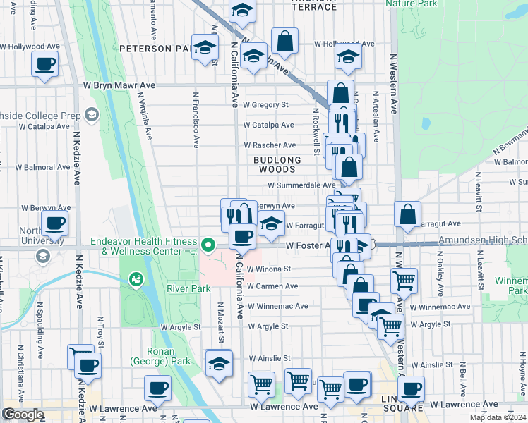 map of restaurants, bars, coffee shops, grocery stores, and more near 2723 West Berwyn Avenue in Chicago