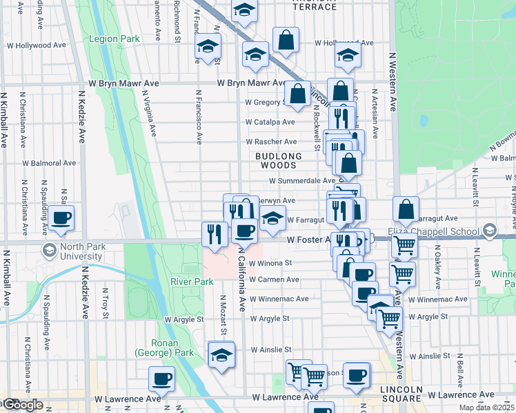 map of restaurants, bars, coffee shops, grocery stores, and more near 2723 West Berwyn Avenue in Chicago