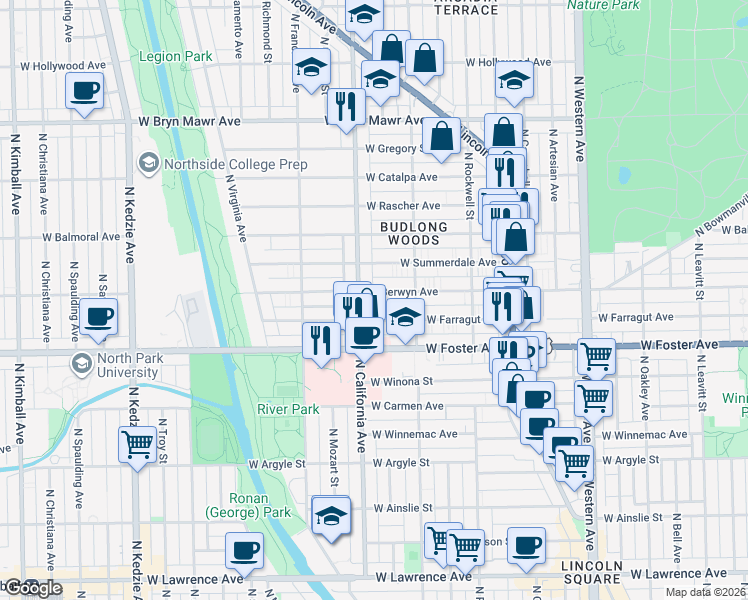 map of restaurants, bars, coffee shops, grocery stores, and more near in Chicago