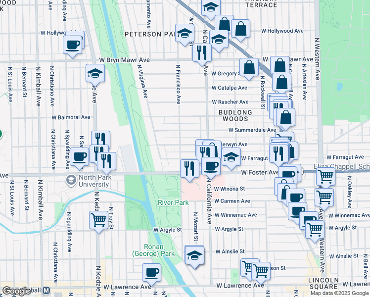 map of restaurants, bars, coffee shops, grocery stores, and more near 2833 West Berwyn Avenue in Chicago