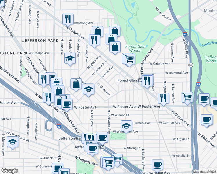 map of restaurants, bars, coffee shops, grocery stores, and more near 5244 North Larned Avenue in Chicago