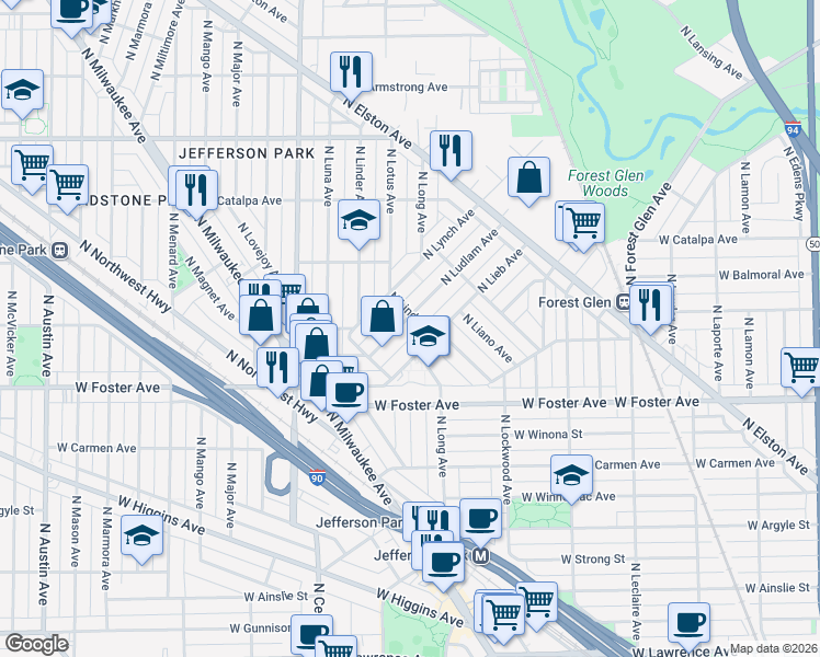 map of restaurants, bars, coffee shops, grocery stores, and more near 5301 North Ludlam Avenue in Chicago