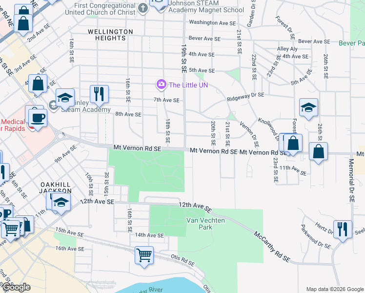 map of restaurants, bars, coffee shops, grocery stores, and more near 1904 Mount Vernon Road Southeast in Cedar Rapids