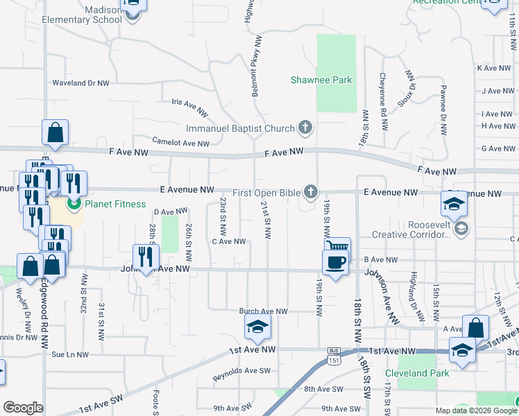 map of restaurants, bars, coffee shops, grocery stores, and more near 444 21st Street Northwest in Cedar Rapids