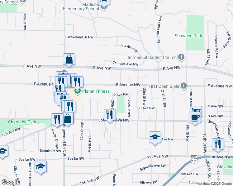 map of restaurants, bars, coffee shops, grocery stores, and more near 2722 D Avenue Northwest in Cedar Rapids
