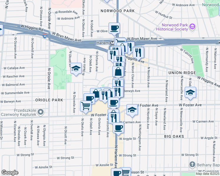 map of restaurants, bars, coffee shops, grocery stores, and more near 7224 West Summerdale Avenue in Chicago