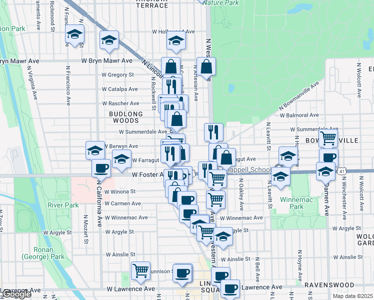 map of restaurants, bars, coffee shops, grocery stores, and more near 5252 North Campbell Avenue in Chicago