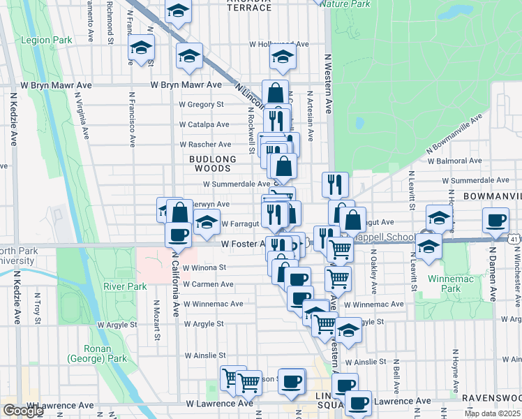 map of restaurants, bars, coffee shops, grocery stores, and more near 5250 North Lincoln Avenue in Chicago