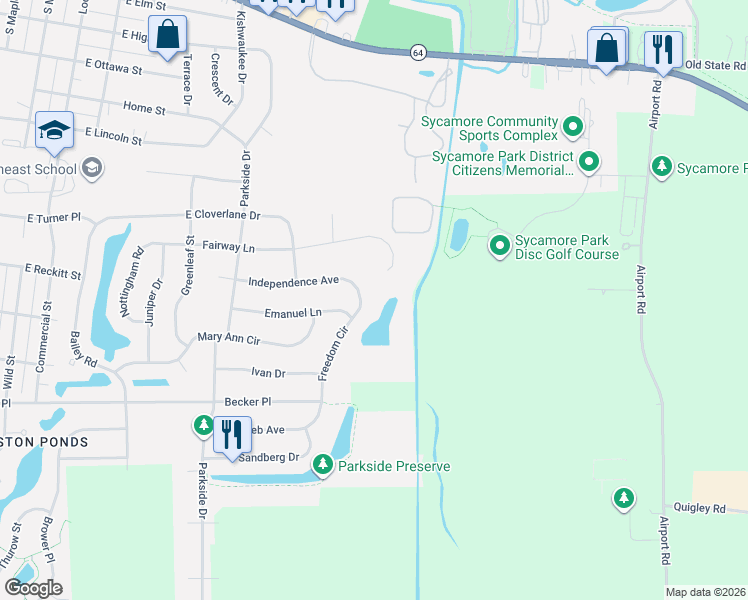 map of restaurants, bars, coffee shops, grocery stores, and more near 926 Freedom Circle in Sycamore