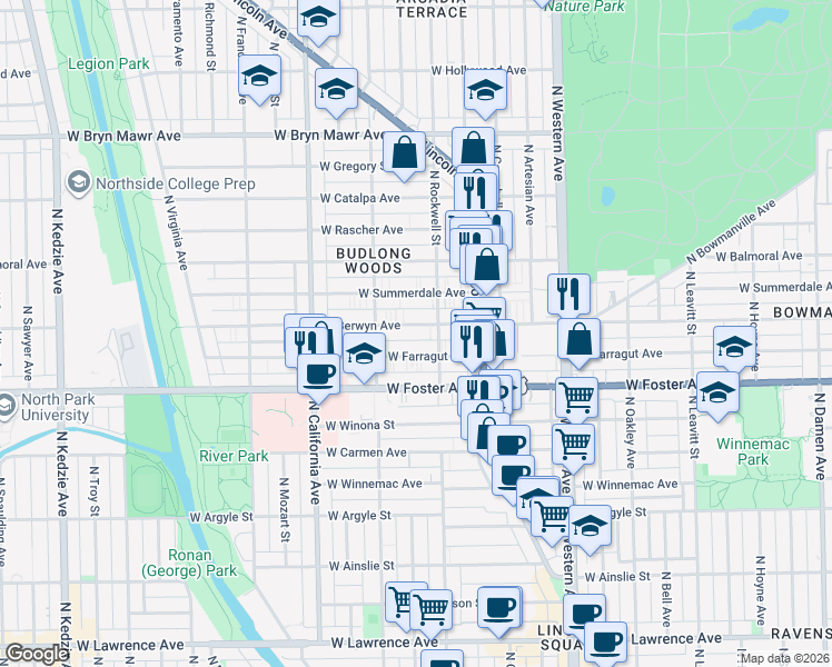 map of restaurants, bars, coffee shops, grocery stores, and more near 2619 West Berwyn Avenue in Chicago
