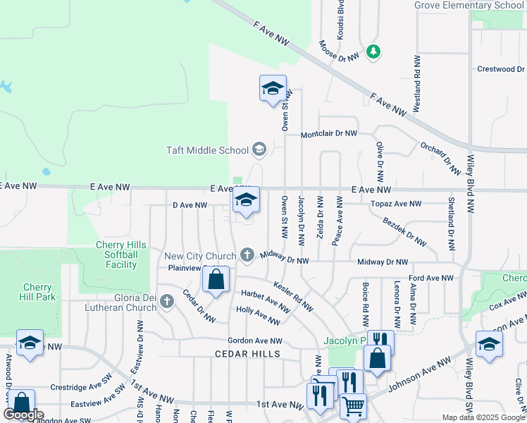map of restaurants, bars, coffee shops, grocery stores, and more near 452 Lewellen Drive Northwest in Cedar Rapids