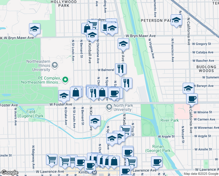 map of restaurants, bars, coffee shops, grocery stores, and more near 5259 North Spaulding Avenue in Chicago