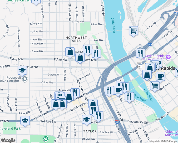 map of restaurants, bars, coffee shops, grocery stores, and more near 312 4th Street Northwest in Cedar Rapids