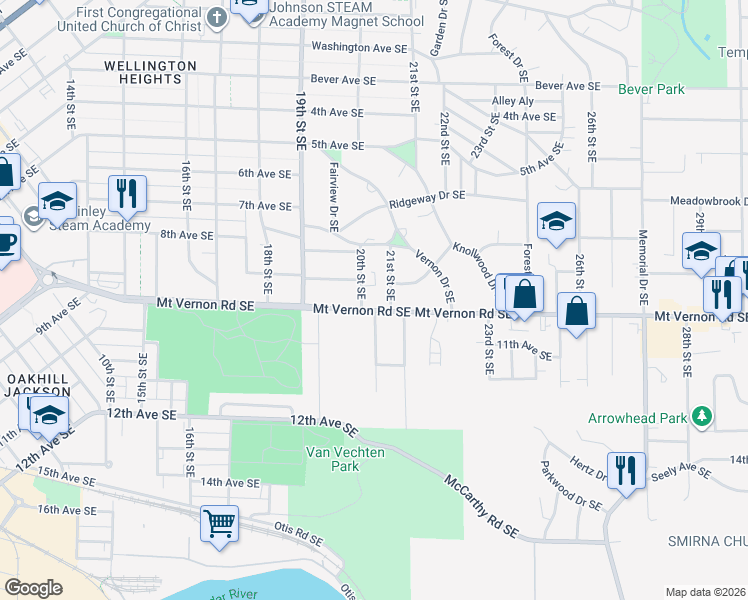 map of restaurants, bars, coffee shops, grocery stores, and more near 2000 Mount Vernon Road Southeast in Cedar Rapids