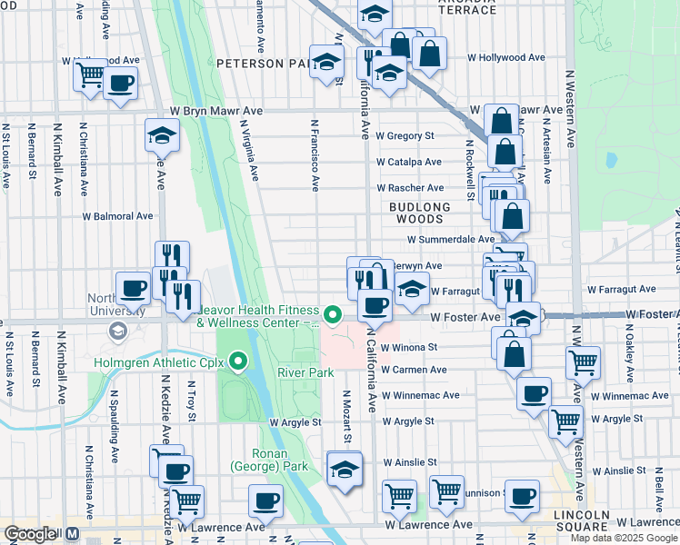 map of restaurants, bars, coffee shops, grocery stores, and more near 2833 West Berwyn Avenue in Chicago