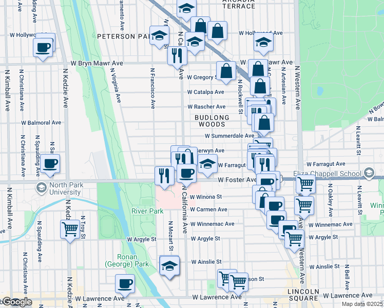 map of restaurants, bars, coffee shops, grocery stores, and more near in Chicago
