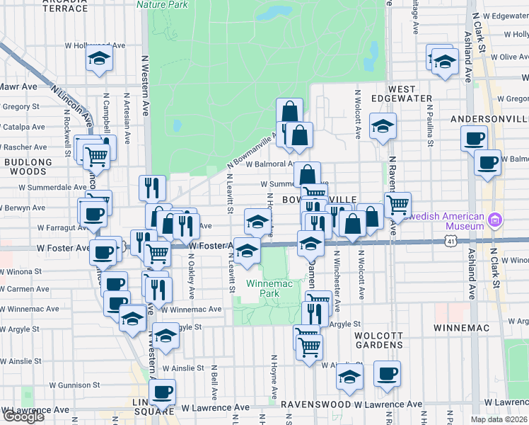 map of restaurants, bars, coffee shops, grocery stores, and more near 2103 West Berwyn Avenue in Chicago