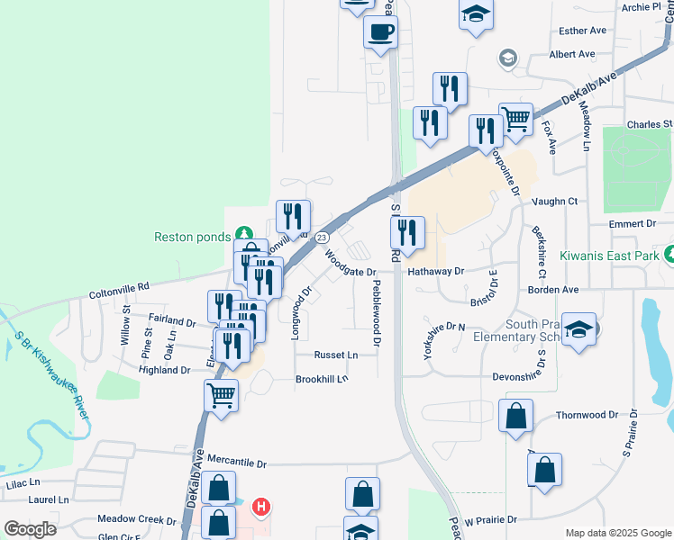 map of restaurants, bars, coffee shops, grocery stores, and more near 1717 Cedarbrook Court in Sycamore
