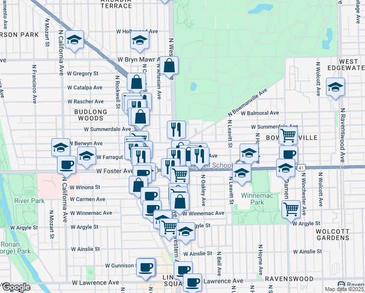 map of restaurants, bars, coffee shops, grocery stores, and more near 2345 West Berwyn Avenue in Chicago
