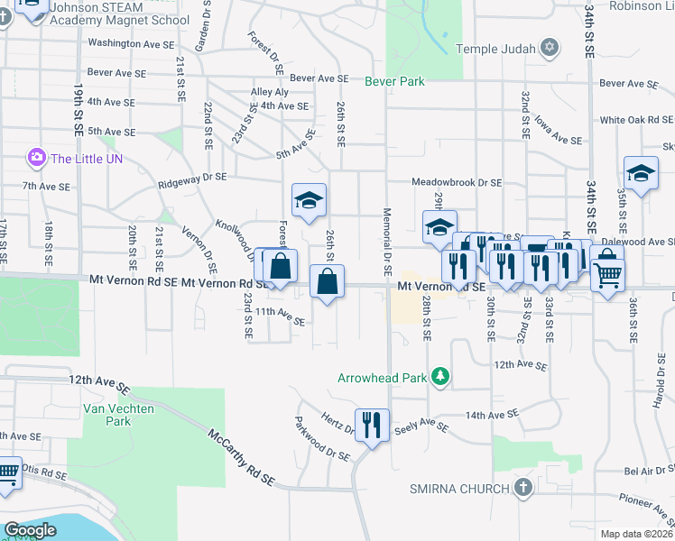 map of restaurants, bars, coffee shops, grocery stores, and more near 730 26th Street Southeast in Cedar Rapids
