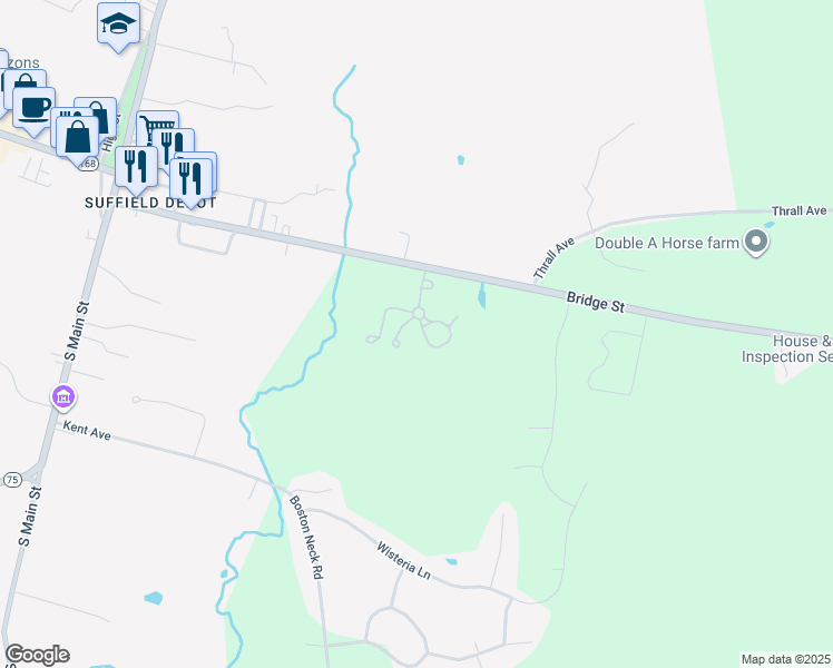 map of restaurants, bars, coffee shops, grocery stores, and more near 52 Boysenberry Court in Suffield