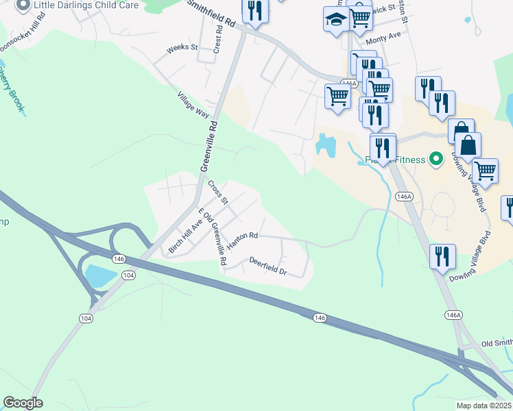 map of restaurants, bars, coffee shops, grocery stores, and more near 101 Fairview Avenue in North Smithfield