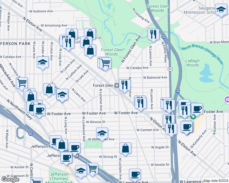 map of restaurants, bars, coffee shops, grocery stores, and more near 5314 North Elston Avenue in Chicago