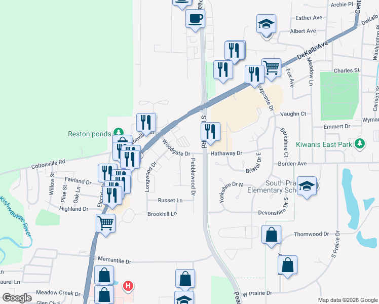 map of restaurants, bars, coffee shops, grocery stores, and more near 1597 Woodgate Drive in Sycamore