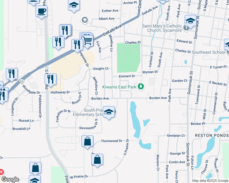 map of restaurants, bars, coffee shops, grocery stores, and more near 1002 Meadow Lane in Sycamore