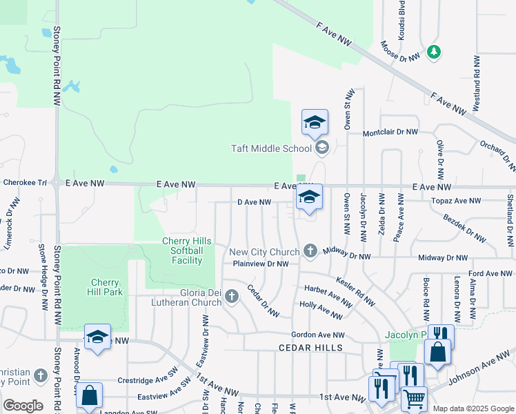 map of restaurants, bars, coffee shops, grocery stores, and more near 5537 D Avenue Northwest in Cedar Rapids