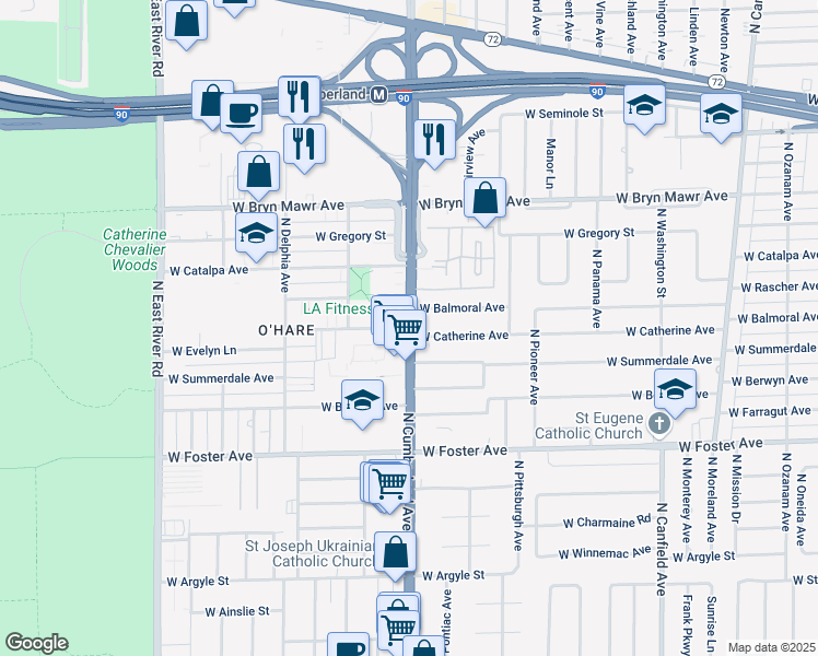 map of restaurants, bars, coffee shops, grocery stores, and more near 5400 North Cumberland Avenue in Chicago
