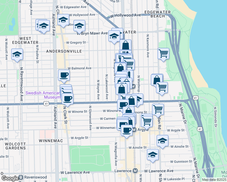map of restaurants, bars, coffee shops, grocery stores, and more near 5238 North Magnolia Avenue in Chicago