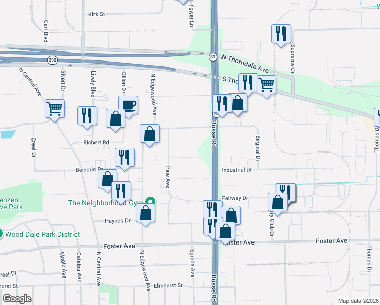 map of restaurants, bars, coffee shops, grocery stores, and more near 17W080 North Street in Bensenville
