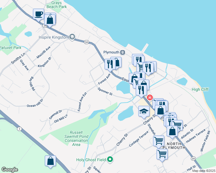 map of restaurants, bars, coffee shops, grocery stores, and more near 22 Forest Avenue Court in Plymouth
