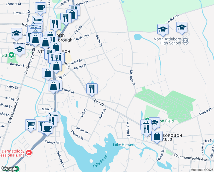 map of restaurants, bars, coffee shops, grocery stores, and more near 34 Poppasquash Road in North Attleborough
