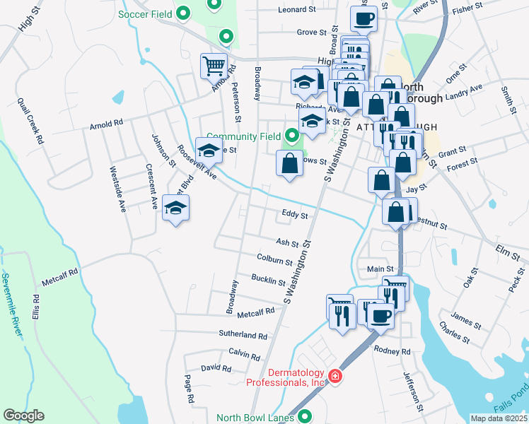 map of restaurants, bars, coffee shops, grocery stores, and more near 54 Eddy Street in North Attleborough