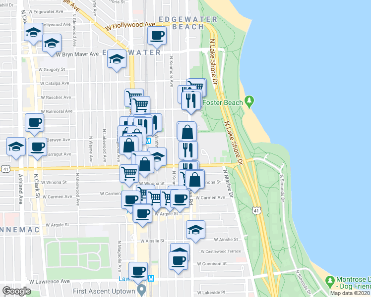 map of restaurants, bars, coffee shops, grocery stores, and more near 5201 North Sheridan Road in Chicago